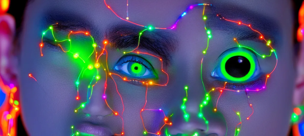 Prompt: beauty, three eyed humanoids, close ups, vivid colors, thin wires, beautiful lighting