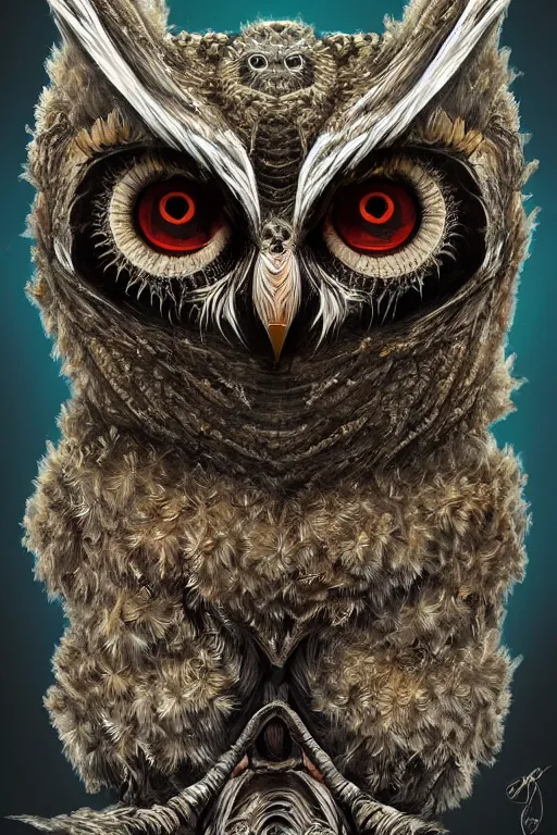 Image similar to humanoid figure owl faced monster, symmetrical, highly detailed, digital art, sharp focus, amber eyes, moss, trending on art station