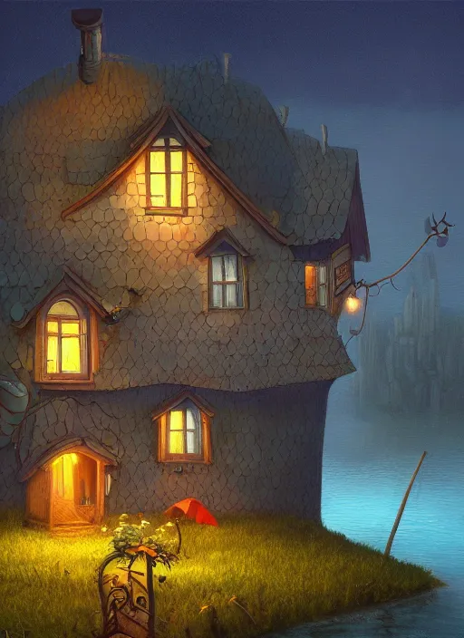 Prompt: painting of a house by a lake at night, a storybook illustration by gediminas pranckevicius, featured on artstation, fantasy art, storybook illustration, artstation hq, atmospheric