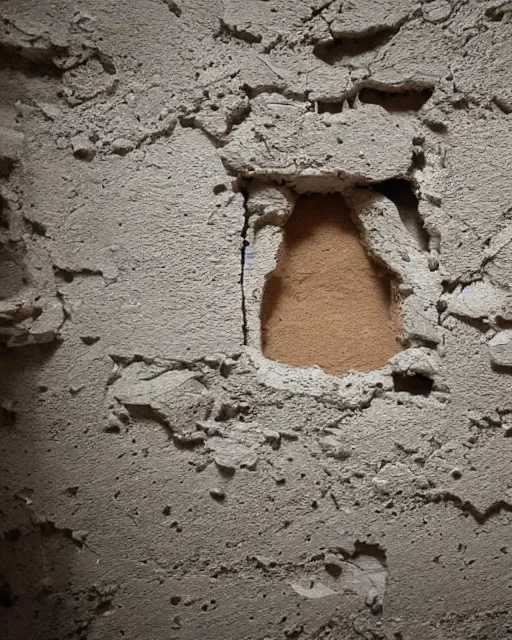 Image similar to a huge crack in an old building's plaster wall revealing bricks beneath in the shape of jesus's face, photoreal