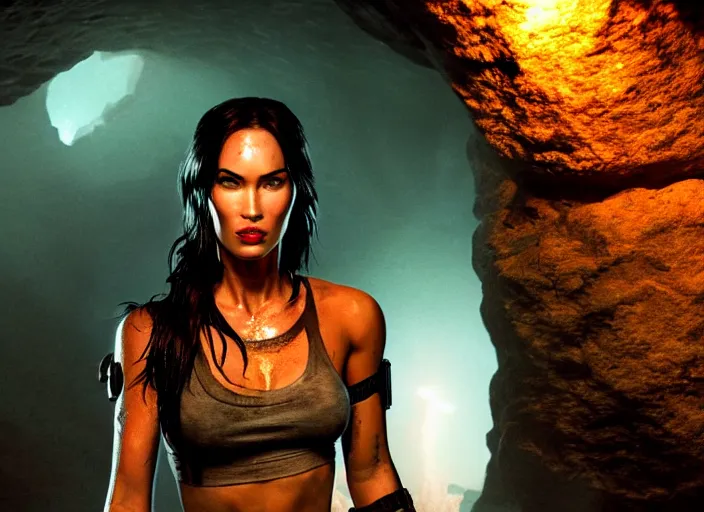 Image similar to film still of!!!! megan fox!!! as lara croft in new tomb raider movie, closeup portrait, exploring interior of torchlit atlantis underwater temple, glamour pose, dramatic lighting, octane, mist, volumetric lighting, 8 k