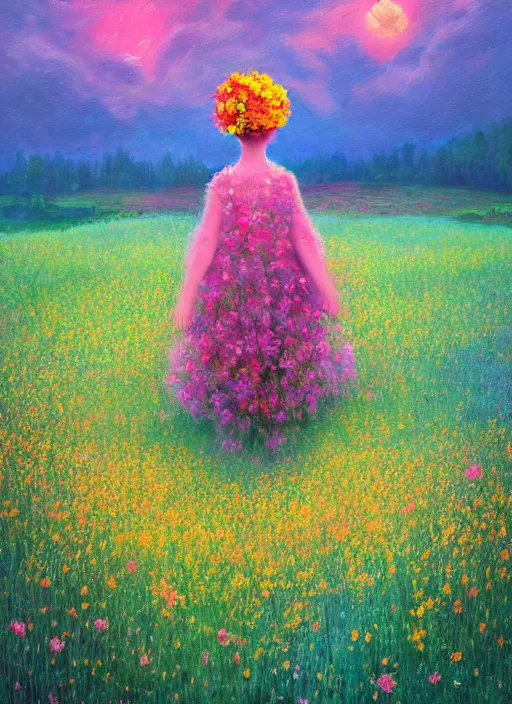 Image similar to girl with giant flower as a face and flower dress, standing in a flower field hills, big trees, sunrise dramatic light, impressionist painting, colorful clouds, digital painting, pointillism, artstation, simon stalenhag