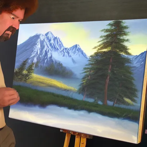 Image similar to a closeup photorealistic photograph of bob ross putting the finishing touches on a canvas painting of kenny powers. mountains and trees. film still. brightly lit scene. this 4 k hd image is trending on artstation, featured on behance, well - rendered, extra crisp, features intricate detail, epic composition and the style of unreal engine.