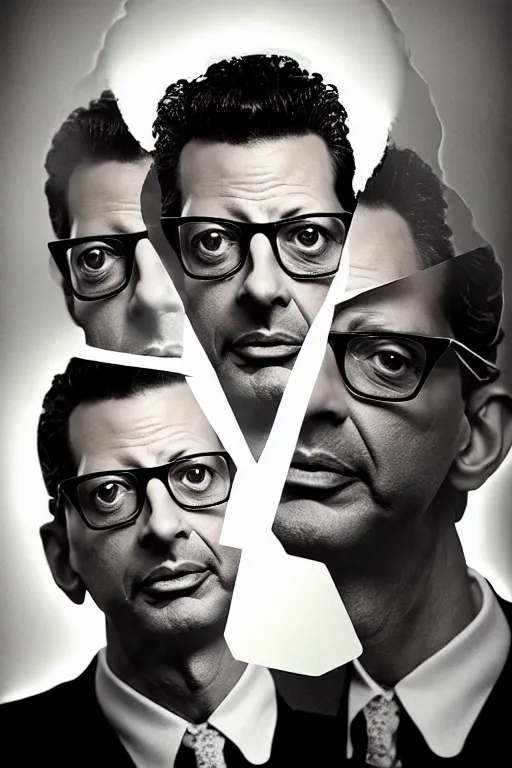 Image similar to double exposure composite portrait, floating head portrait, first jeff goldblum profile on top and the second jeff goldblum facing the camera on bottom, jc penney studio 1 9 8 5