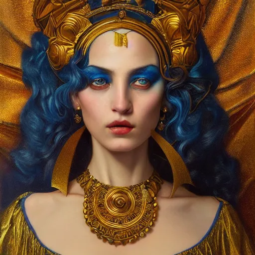 Image similar to highly detailed oil painting | very intricate | cinematic lighting | award - winning | the goddess babalon wearing a gold and blue dress | by roberto ferri, by tom bagshaw, by j. c. leyendecker and klimt, beautiful cinematic light, american romanticism, by austin osman spare, artstation, cgsociety, official art, octane