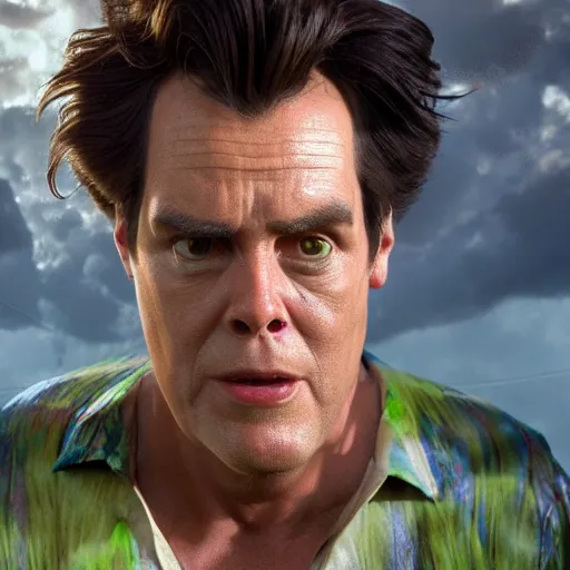 Image similar to hyperrealistic film still of ace ventura as the lawnmower man, stunning 3 d render, inspired by istvan sandorfi & greg rutkowski & unreal engine, perfect symmetry, dim volumetric cinematic lighting, 8 k octane comprehensive render, extremely hyper - detailed, incredibly lifelike attributes, intricate, real flesh texture, masterpiece, artstation, stunning,