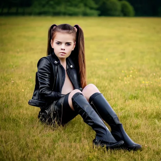 Prompt: young girl lies on a meadow, she has 2 pony tails and wears leather jacket, jeans and knee high black boots, sharp focus, photo taken by nikon, 4 k,