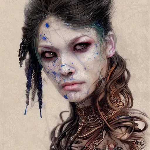 Image similar to portrait of a Shibari rope wrapped face and neck, headshot, insanely nice professional hair style, dramatic hair color, digital painting, of a old 13th century, traveler, amber jewels, baroque, ornate clothing, scifi, realistic, hyperdetailed, chiaroscuro, concept art, art by Franz Hals and Jon Foster and Ayami Kojima and Amano and Karol Bak,