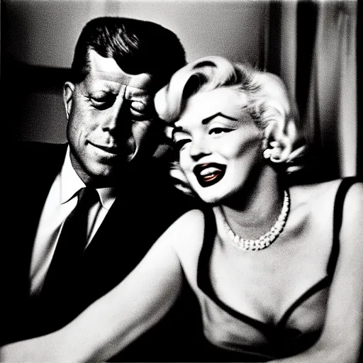 Prompt: damaged photo of marilyn monroe and jfk by diane arbus, black and white, high contrast, out of focus, rolleiflex, 5 5 mm f / 4 lens