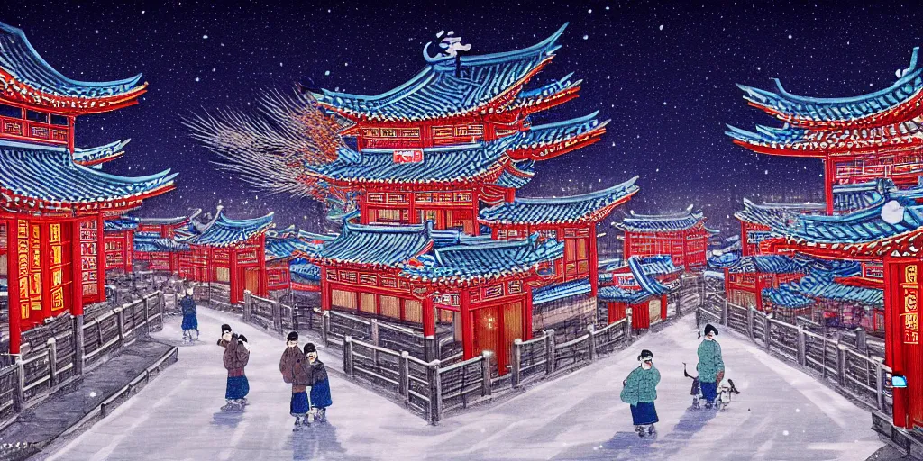 Prompt: chinese town in winter moonnight by hiramatsu reiji hd