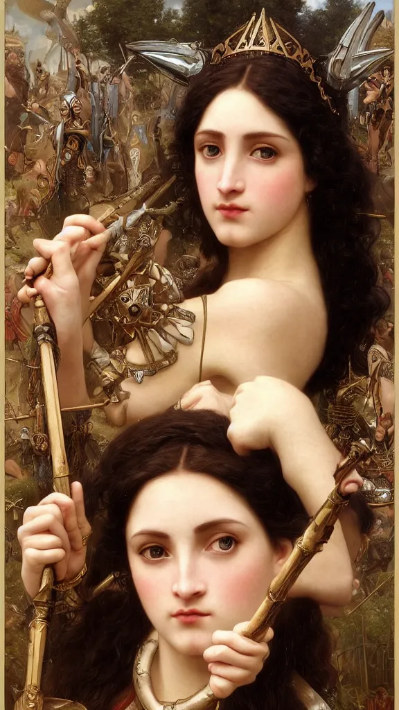 Prompt: a goddess with dark hair and pale skin armed with spear and a crown on her head, hyperrealistic, octane render, Regal, Refined, Detailed Digital Art, RPG portrait, William-Adolphe Bouguereau, Michael Cheval, Walt Disney (1937), Steampunk, hyperdetailed, artstation, cgsociety, Volumetric Golden dappled dynamic lighting, Highly Detailed, Cinematic Lighting, Unreal Engine, 8k, HD