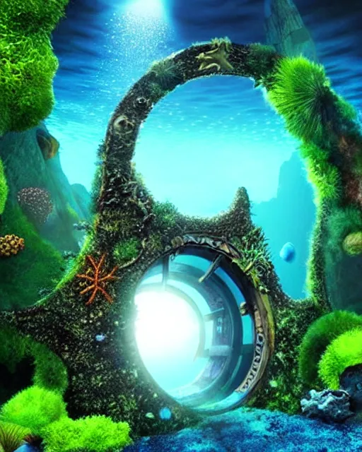 Image similar to underwater otherworldly stargate, entrance to atlantis populated sealife, moss, rocks, epic scenery, far, starry gate photorealistic