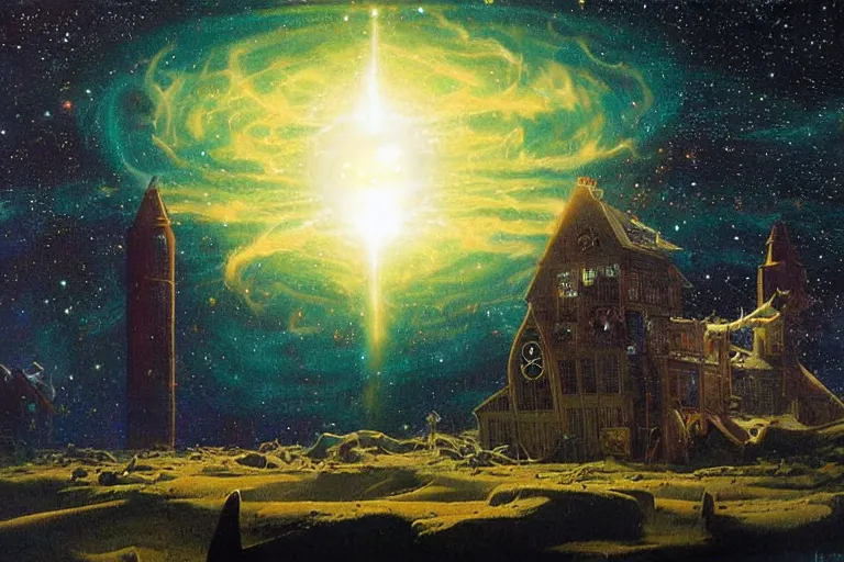 Image similar to miskatonic university big bang inscape in the style of dr. seuss,'interstellar directed by christopher nolan ', painting by albert bierstadt