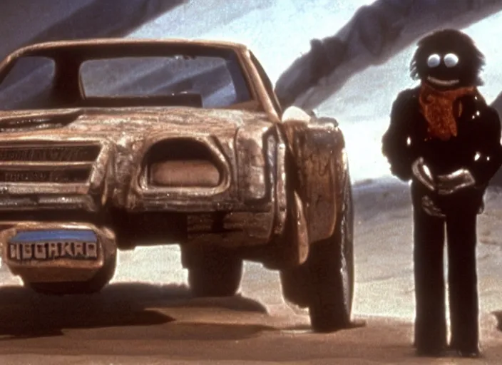 Image similar to scene from the 1979 science fiction film Muppet Mad Max