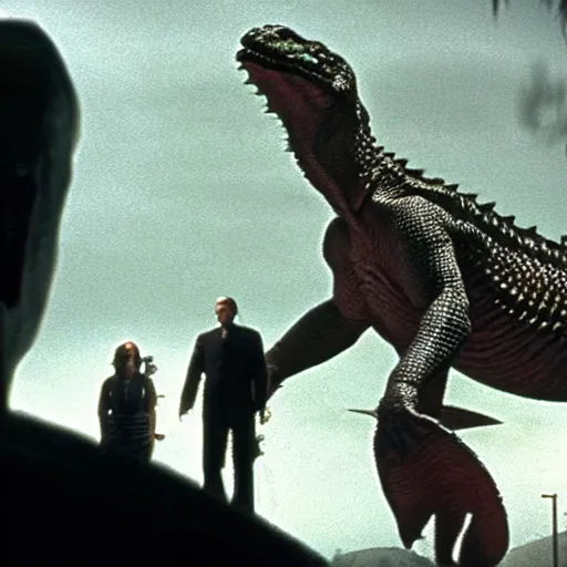 Prompt: movie scene of a man in front of a draconian humanoid, reptil, reptilian, movie still, cinematic composition, cinematic light, criterion collection, reimagined by industrial light and magic, Movie by David Lynch and Ridley Scott