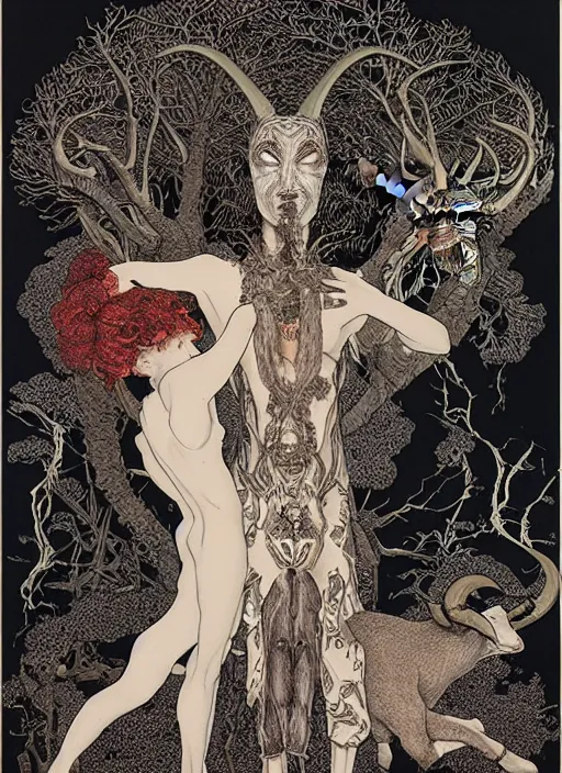 Prompt: boy, girl and a goat, by austin osman spare and Takato Yamamoto and Vania Zouravliov, high resolution