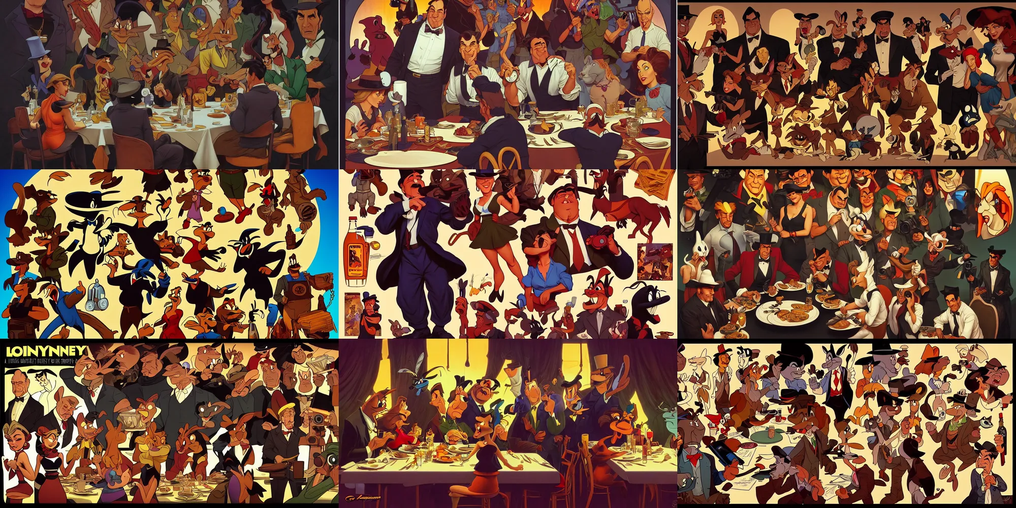 Prompt: looney tunes by quentin tarantino eating dinner, character sheet, character design, contrast, deep focus, turnaround, highly detailed, dramatic lighting, digital painting, artstation, concept art, matte, sharp focus, illustration, elegant, art by artgerm and greg f and alphonse mucha.