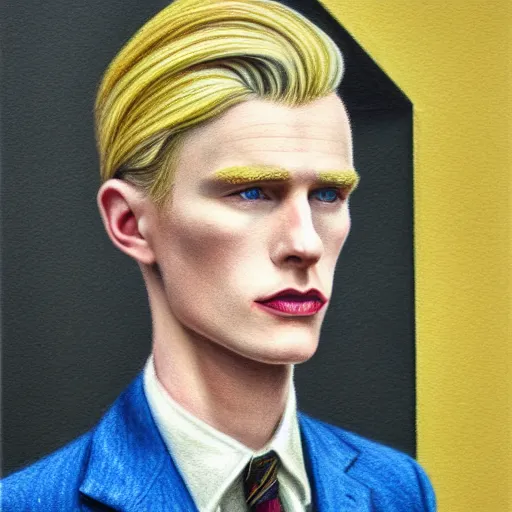 Prompt: A color pencil drawing portrait of a blond young Irish man with high cheekbones. Good bone structure. Dressed in 1940s style. Highly detailed, fine Art, high detail, great lighting, 8k resolution, masterpiece, concept art, illustration, clear eyes, painting oil on canvas, octane render, HDR, trending on artstation, 4k, 8k, HD