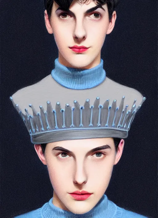 Image similar to portrait of teenage jughead jones wearing a light grey crown, crown, blue turtleneck, 1 9 5 0 s, closed eyes, photorealistic, black hair, glowing lighting, intricate, elegant, glowing lights, highly detailed, digital painting, artstation, concept art, smooth, sharp focus, illustration, art by wlop, mars ravelo and greg rutkowski