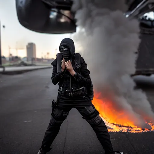 Image similar to Candid extreme wide shot of a poor techwear mixed woman with short hair and tattoos outside of a futuristic Los Angeles on fire, a police MRAP on fire, cyberpunk, 4k, extreme long shot, desaturated, full shot, action shot, motion blur, depth of field, sigma 85mm f/1.4, high resolution, 4k, 8k, hd, full color, award winning photography, war photography