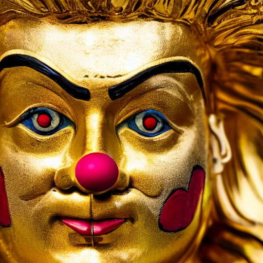 Image similar to a photo of a detailed golden statue of a Clown, 8K,