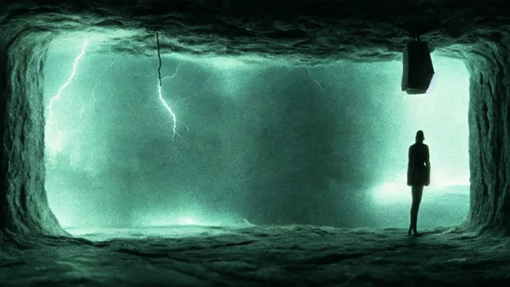 Image similar to lightning inside of a bottle, n the cellar film still from the movie directed by denis villeneuve and david cronenberg with art direction by salvador dali and zdzisław beksinski, wide lens