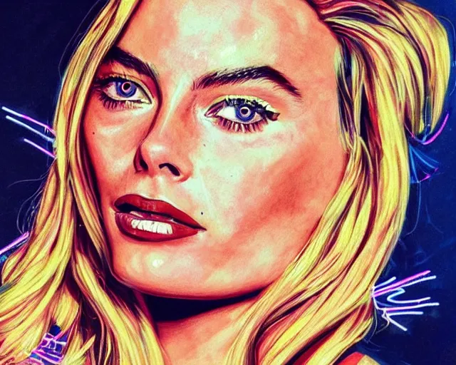 Image similar to neon art of margot robbie, hyper detailed, award winning