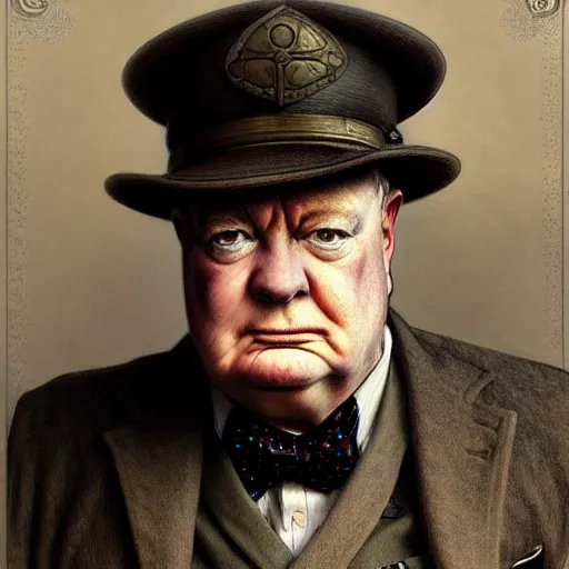 Prompt: full portrait of patton oawalt as winston churchill, fantasy, d & d, intricate, detailed, by by alphonse mucha, adolfo hohenstein, alice russell glenny, stanley artgerm lau, greg rutkowski, detailed, trending on artstation, trending on artstation, smooth