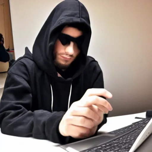 Image similar to an edgy hacker with a black hoodie and black hair covering one eye sitting in front of a computer | text at the bottom saying i'm in