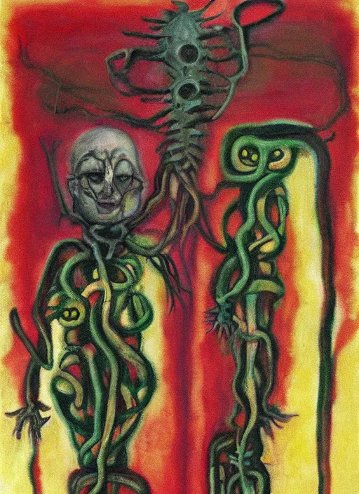 Prompt: biomechanical talisman of the crawling ones and the green flame by maggi mcdonald, mark rothko, sabina klein