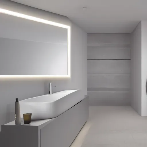 Prompt: bathroom with warm white led strip lighting, photorealistic, product render