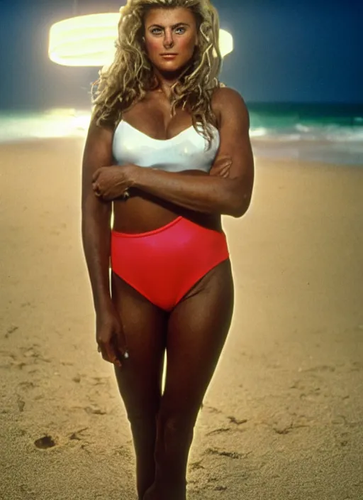 Image similar to A hyper realistic and detailed head portrait photography of Rebecca Romign of Baywatch on a futuristic beach. by Annie Leibovitz. Neo noir style. Cinematic. neon lights glow in the background. Cinestill 800T film. Lens flare. Helios 44m