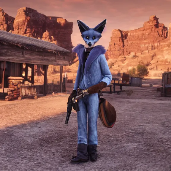Image similar to screenshot of an anthropomorphic blue fennec fox in cowboy attire from red dead redemption 1