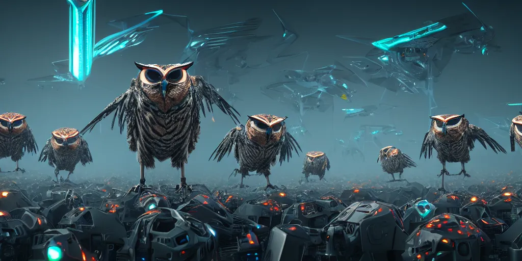 Image similar to an army of evil, malevolent, giant cyborg owls surrounded by computers and computer screens. this 4 k hd image is trending on artstation, featured on behance, well - rendered, extra crisp, features intricate detail and the style of unreal engine. volumetric lighting octane render