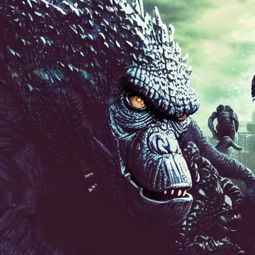 Prompt: godzilla vs king kong portrait, cyberpunk artstyle, artstation, macro, highly intricate, vibrant, digital, wide shot, portrait, hd, cinematic, dramatic, ultra realistic, ultra detailed, 8 k, 4 k