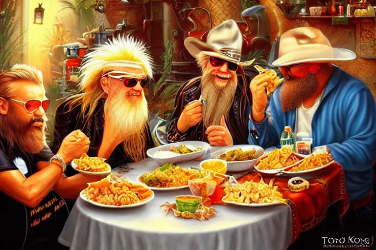 Image similar to rod stewart eating tacos with zz top, an oil painting by ross tran and thomas kincade