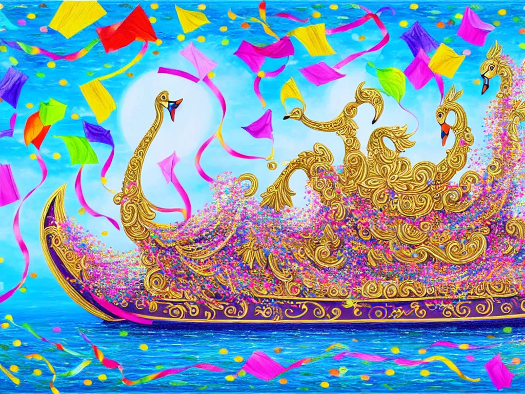 Prompt: a highly detailed painting of a fantasy ornate embellished swan boat cruise ship covered in flowers, streamers, confetti, pin wheels, kites.