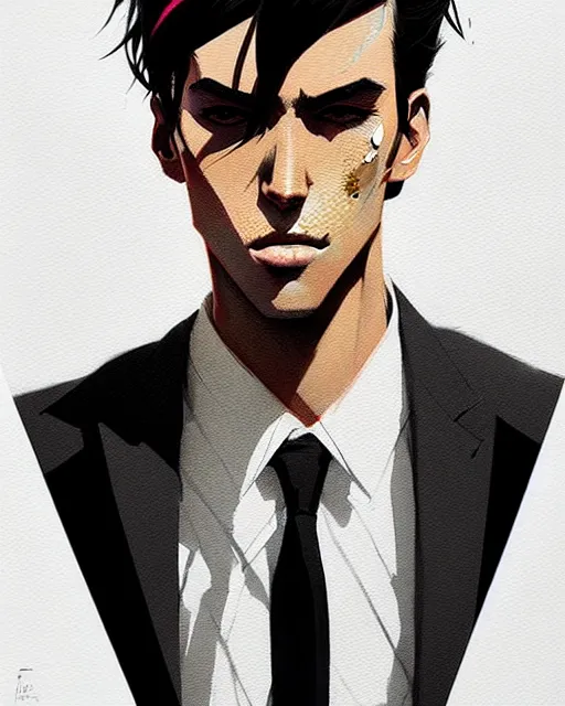 Image similar to a ultradetailed portrait painting of a stylish man wearing suit outfit, by conrad roset, greg rutkowski and makoto shinkai trending on artstation