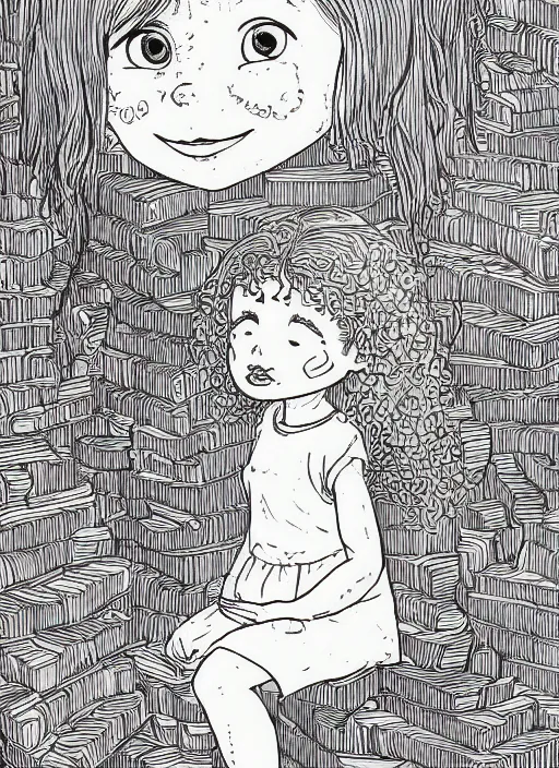 Image similar to clean simple line art of a little girl with wavy curly hair sitting on a tall pile of books. well composed, clean coloring book page, beautiful detailed face. coloring book line art by greg rutkowski and johanna basford