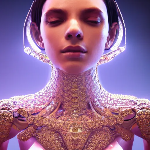 Image similar to full body detailed, ethereal, biomechanical, covered in diamonds and other gems glowing, highly detailed face, elegant posed, intricate, extremy detailed, beeple, cgsociety, 3 d unreal engine octane render. cinematic lighting, highly detailed 4 k art