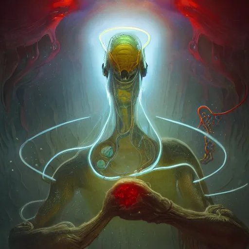 Image similar to medium shot of a weird Lovecraftian ghostly transparent yellow lightning elemental humanoid with red and blue goggles, cyberpunk concept art by pete mohrbacher and seb mckinnon and beksinski and josan gonzales, digital art, highly detailed, intricate, sci-fi, sharp focus, Trending on Artstation HQ, deviantart, unreal engine 5, 4K UHD image