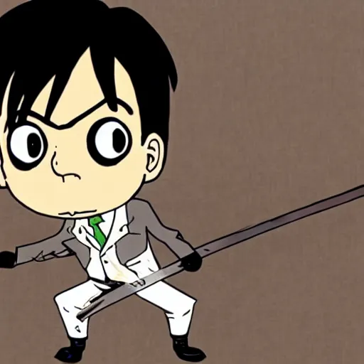 Prompt: mr. bean holding two swords, standing on a battlefield, in the style of attack on titan, drawn, anime