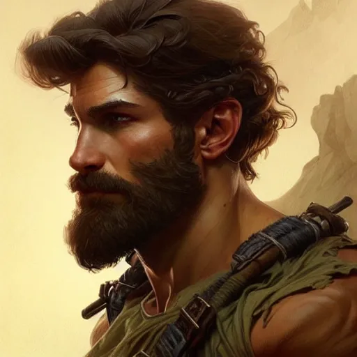 Image similar to Portrait of rugged male ranger, D&D, muscular, fantasy, intricate, elegant, highly detailed, digital painting, artstation, concept art, smooth, sharp focus, illustration, art by artgerm and greg rutkowski and alphonse mucha