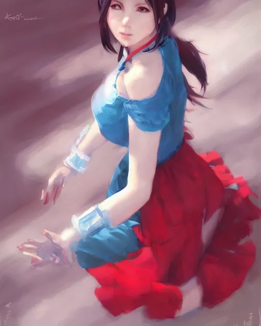 Prompt: elegant tifa lockhart in a red cottagecore dress, portrait, illustration, rim light, top light, summer clear blue sky, perfectly shaded, soft painting, art by krenz cushart and wenjun lin