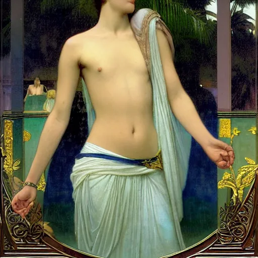 Image similar to Girl with a blood chalice at the palace, thunderstorm, pool, beach and palm trees on the background major arcana sky, by paul delaroche, alphonse mucha and arnold böcklin arnold böcklin hyperrealistic 8k, very detailed