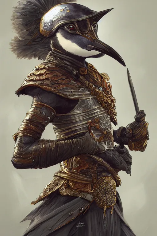 Image similar to a portrait of an anthropomorphic penguin warrior, D&D, fantasy, intricate, highly detailed, digital painting, artstation, concept art, smooth, sharp focus, illustration, art by artgerm and greg rutkowski and alphonse mucha