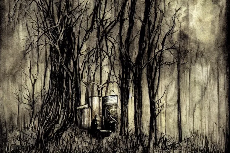 Image similar to mad horror painting of a cabine in the woods by ben templesmith