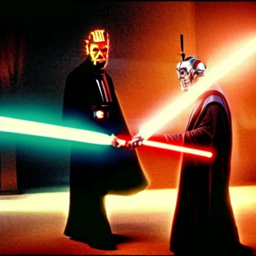 Prompt: a film still of Alec guiness as obiwan kenobi dueling darth maul in star wars 1977. medium shot. light sabers