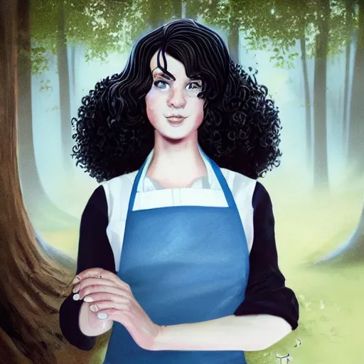 Image similar to a portrait of a 1 9 6 0 s woman with curly black hair and blue eyes, and an apron in the forest, dynamic lighting, fantasy concept art, trending on art station, stunning visuals, cinematic, ultra detailed