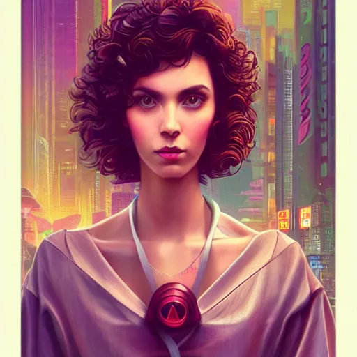 Image similar to Lofi vaporwave cyberpunk portrait woman with short brown curly hair, Pixar style, Tristan Eaton, Stanley Artgerm, Tom Bagshaw